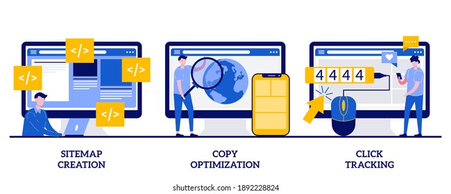 Sitemap creation, copy optimization, click tracking concept with tiny people. Website optimization abstract vector illustration set. SEO analytics software, online business, target keyword metaphor.