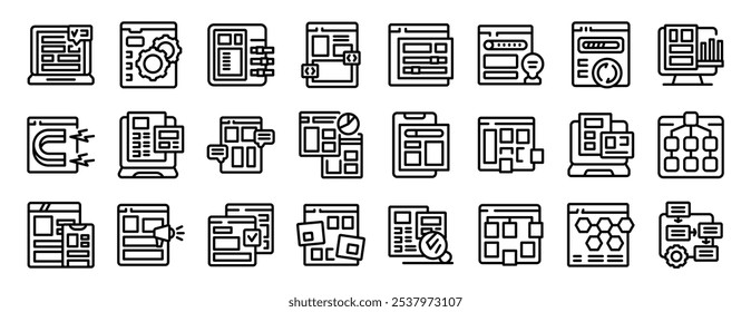 Conjunto de ícones de criação de mapa de site. Coleção de ícones de web design que representam vários aspectos do desenvolvimento, design e programação do site