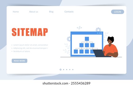 Sitemap creation. Landing page template. Website creation tool. African Female developer with laptop. Online software and web page structure. Vector illustration.