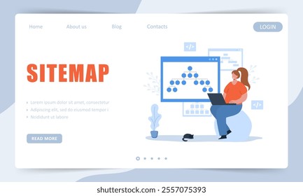 Sitemap Creation process. Landing page template. SEO optimization. Female Developer organizes site architecture. Vector illustration.