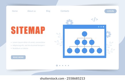 Sitemap Creation process. Landing page template. SEO optimization. Organization site architecture. Vector illustration.