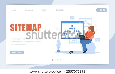 Sitemap Creation process. Landing page template. SEO optimization. Female Developer organizes site architecture. Vector illustration.