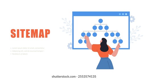 Sitemap Creation process. Online software and web page structure. Female Developer organizes site architecture. Vector illustration.