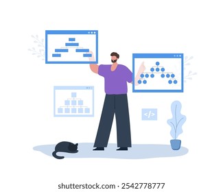 Processo de Criação de Mapa do Site. Otimização de SEO. Male Developer organiza a arquitetura do site. Site de diagrama e estrutura. Fluxograma UX de IU. Ilustração vetorial em estilo de desenho animado plano.