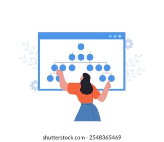 Processo de Criação de Mapa do Site. Otimização de SEO. Female Developer organiza a arquitetura do site. Site de diagrama e estrutura. Fluxograma UX de IU. Ilustração vetorial em estilo de desenho animado plano.