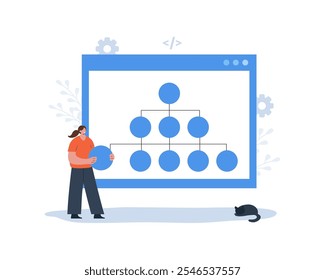 Criação de mapa de site. Conceito de otimização de site. Desenvolvimento da Web e estrutura da página da Web. Construir mapa XML com lista as URLs. Fluxo de trabalho do designer de UX. Desenvolvedora feminina. Ilustração vetorial em estilo cartoon.