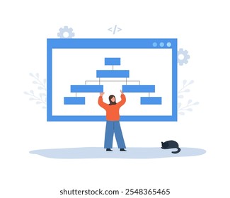 Sitemap creation. Website optimization. Web development and web page structure. Build XML map with lists the URLs. UX designer workflow. Arab female developer. Vector illustration in cartoon style.