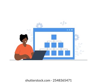 Criação de mapa de site. Otimização do site. Desenvolvimento da Web e estrutura da página da Web. Construir mapa XML com lista as URLs. Fluxo de trabalho do designer de UX. Desenvolvedora africana. Ilustração vetorial em estilo cartoon.