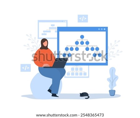 Sitemap creation. Website creation tool. Arab Female developer in hijab with laptop. Online software and web page structure. UX designer workflow. Vector illustration in cartoon style.