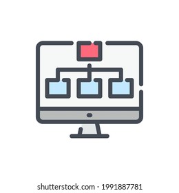 Sitemap and structure color line icon. Computer with hierarchy tree vector outline colorful sign.