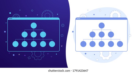 Sitemap vector concept with black and white background, dark ultra violet neon glowing thin icon and light-blue illustration. A site map with links and sections for better seo marketing.