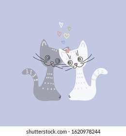 Siting cats boy and girl in love. Romantic card for valentines day or greeting. Loving kitten couple with hearts. Hand drawn cute characters grey and white cats. Scandinavian style vector illustration