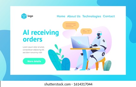 Sits at computer with microphone, answers orders and communicates in chat Web page template. Metaphor of AI bots in communication Concept of smart order taking using chat bots Vector flat illustration