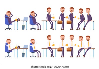 Sits on the chair, arm behind his head. He leans against a table, holds a glass, a mug of coffee, a suitcase. Relaxed characters of a businessman
