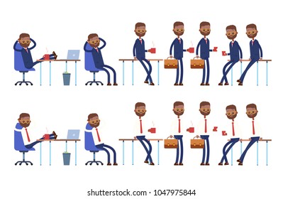 Sits on the chair, arm behind his head. He leans against a table, holds a glass, a mug of coffee, a suitcase. Relaxed characters of a indian businessman