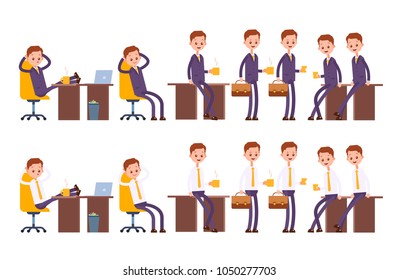 Sits on the chair, arm behind his head. He leans against a table, holds a glass, a mug of coffee, a suitcase. Relaxed characters of a businessman