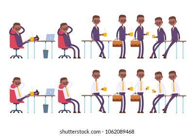 Sits on the chair, arm behind his head. He leans against a table, holds a glass, a mug of coffee, a suitcase. Relaxed characters of a indian businessman