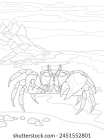 Сrab sits on the seashore. Vector black and white image. Coloring book for adults.