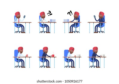 sits sad, thoughtful. phone does not ring, a lot of paperwork. indian businessman. cartoon character set