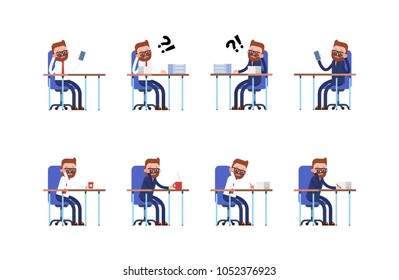 sits sad, thoughtful. phone does not ring, a lot of paperwork. businessman. cartoon character set