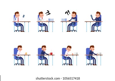 sits sad, thoughtful. phone does not ring, a lot of paperwork. businessman. cartoon character set