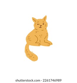 Sitting adorable cat or ginger kitten cartoon character, hand drawn vector illustration isolated on white background. Domesticated cat animal for print and decoration.