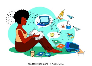 The sitting Afro woman in the colorful outfit works or studies at home. Various technologies, ideas, stationery supplies surrounds the female. Stay at home. Home school. Quarantine. Hand made, vector