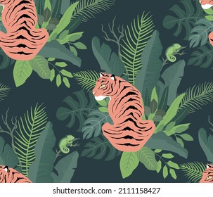 Sitting among the jungle tiger and chameleon. Seamless tropical pattern flat design. For fabric, wrapping paper and wallpaper