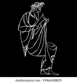 Sitting ancient Greek god Dionysus or Bacchus holding rhyton of wine. Hand drawn linear doodle rough sketch. White silhouette on black background.
