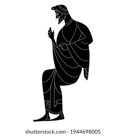 Sitting Ancient Greek God Or Man. Black And White Silhouette. Vase Painting Style.