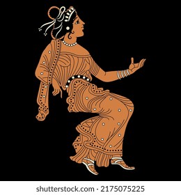 Sitting ancient Greek woman in fancy dress. Vase painting style. On black background.