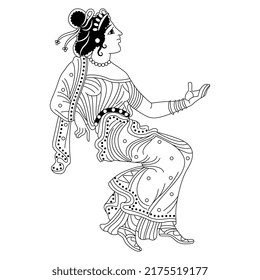 Sitting ancient Greek woman in fancy dress. Vase painting style. Black and white silhouette.