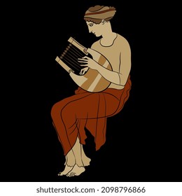 Sitting ancient Greek woman or muse playing the lyre. Vase painting style. On black background.