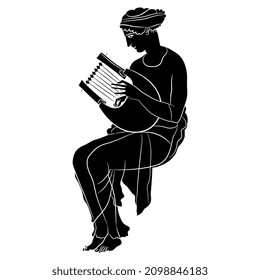 Sitting ancient Greek woman or muse playing the lyre. Vase painting style. Black and white negative silhouette.