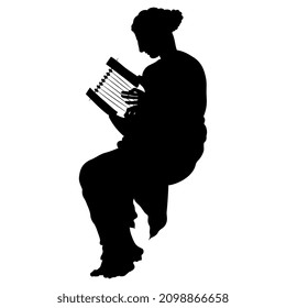 Sitting ancient Greek woman or muse playing the lyre. Black silhouette on white background.