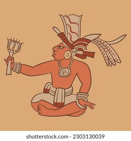 Sitting ancient Mayan man holding a flower. Ethnic Native American art.