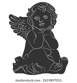 Sitting Angel Child Vector – Monochrome Line Art Illustration