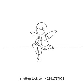 Sitting Angel. Continuous Line Art Drawing Vector Illustration. Black And White