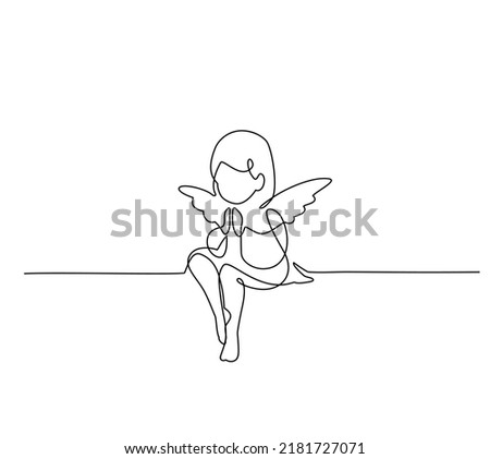 Sitting Angel. Continuous line art drawing vector illustration. Black and white