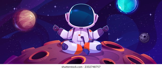 Sitting astronaut on moon and space yoga meditation vector illustration. Comic spaceman drawing constellation background. Outer planet or star astronomy wallpaper. Childish personage relax on meteor