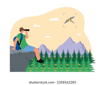 Sitting atop high cliff  explorer uses binoculars for his hobby  bird watching vector illustration 
