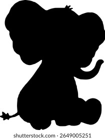 Sitting Baby Elephant Silhouette Vector Black Wildlife Clipart on White Background