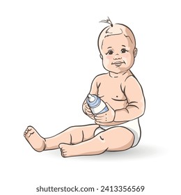 Sitting baby girl with bottle on white background