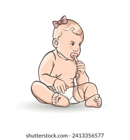 Sitting baby girl with pacifier on white background