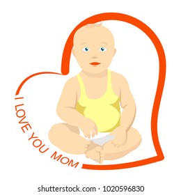 
Sitting baby and heart with a congratulatory inscription "I love you Mom". Postcards for mother's day.