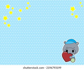 sitting baby hippo cartoon holding cute red heart sticker background poster in vector format 