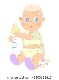 A sitting baby holding a bottle of milk and drinking