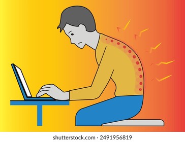 sitting back pain, People suffering from back pain, Cartoon scene Vector illustration, working at a computer in the office and his back hurts from sitting at the chair 