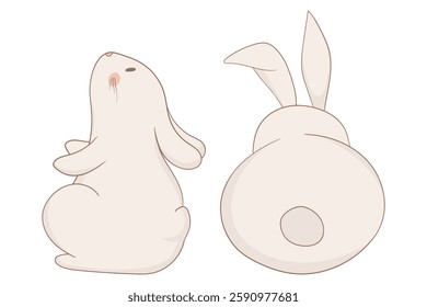 Sitting and back-view bunny icon. One rabbit sits upright, looking up, while the other is shown from behind with its fluffy tail visible. Minimalist and soft animal illustration