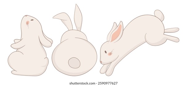 Sitting, back-view, and jumping bunny icon. One rabbit sits upright, another is viewed from behind, and the third leaps energetically. A dynamic and cute animal illustration